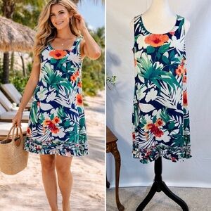 Tommy Bahama Tropical Floral Linen Shift Dress Ruffle Hem Sleeveless Sz M🧡